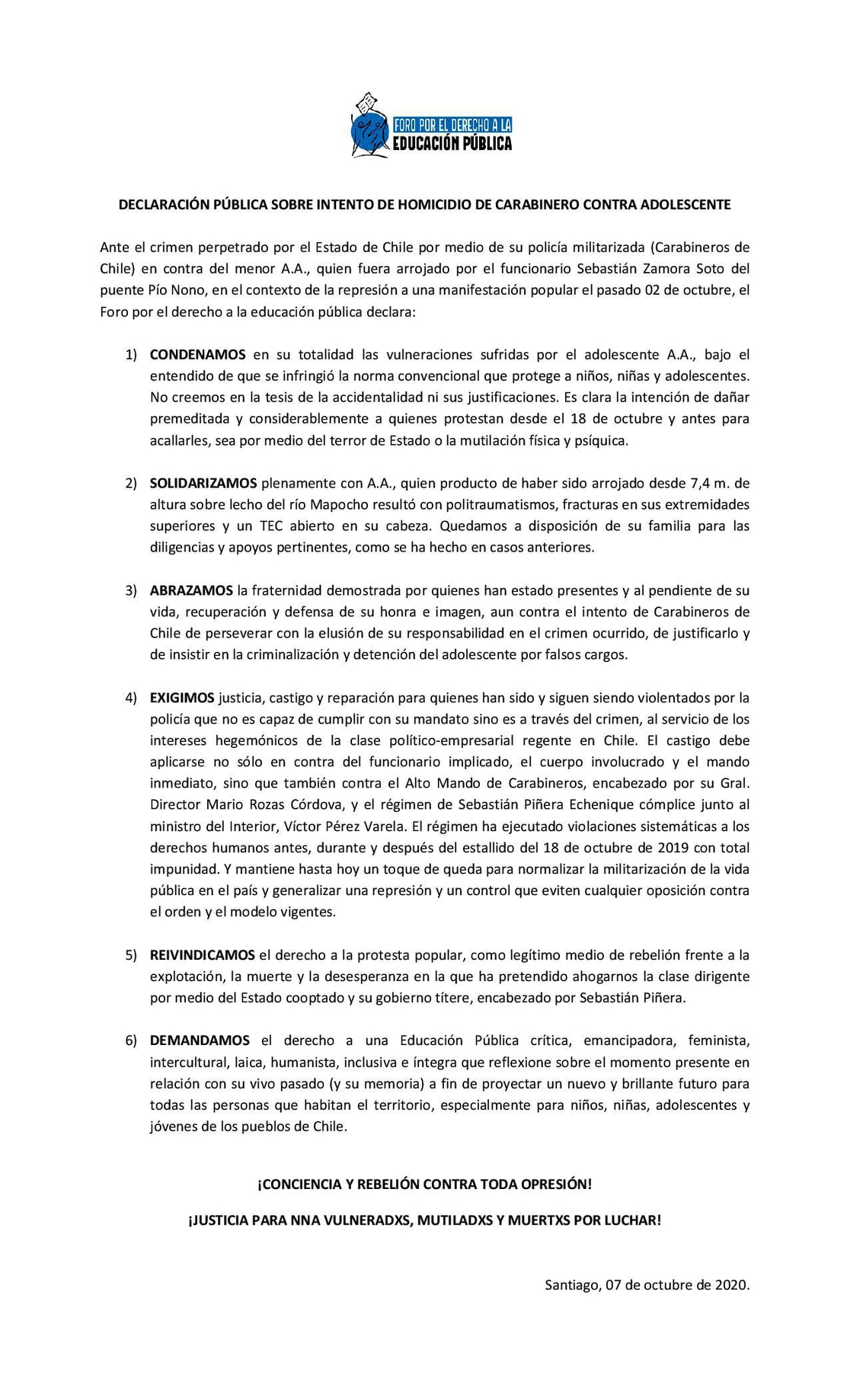 FODEP: Declaración Pública sobre Intento de Homicidio de Carabinero contra Adolescente